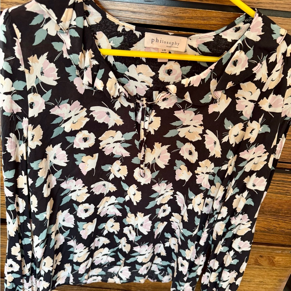 Philosophy Black Floral Long-Sleeve Tee with Pink and Mint Flowers